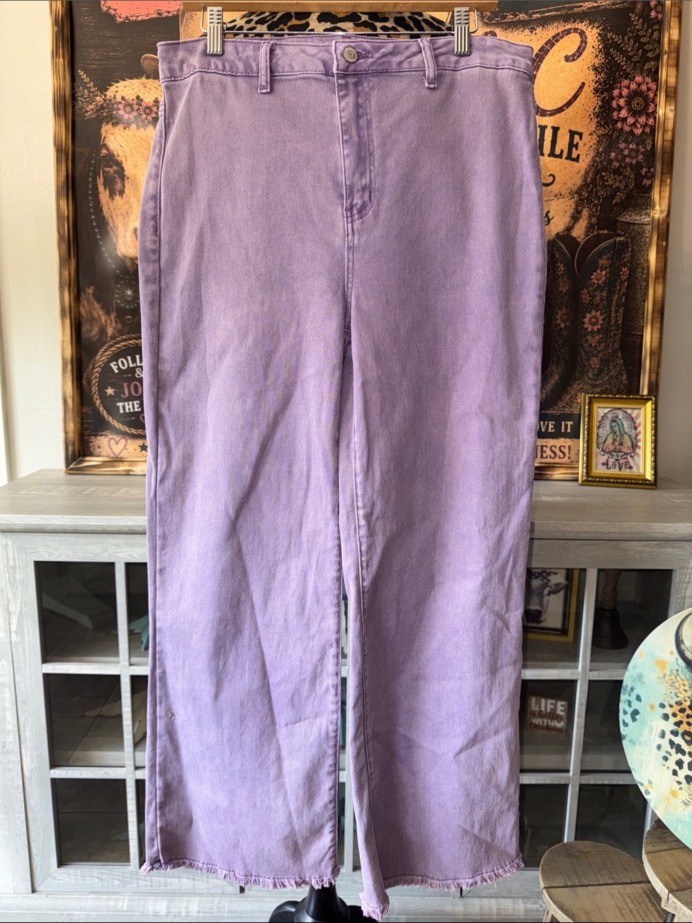 Zenana Women's XL Frayed Wide Leg Casual Pant in Lavender